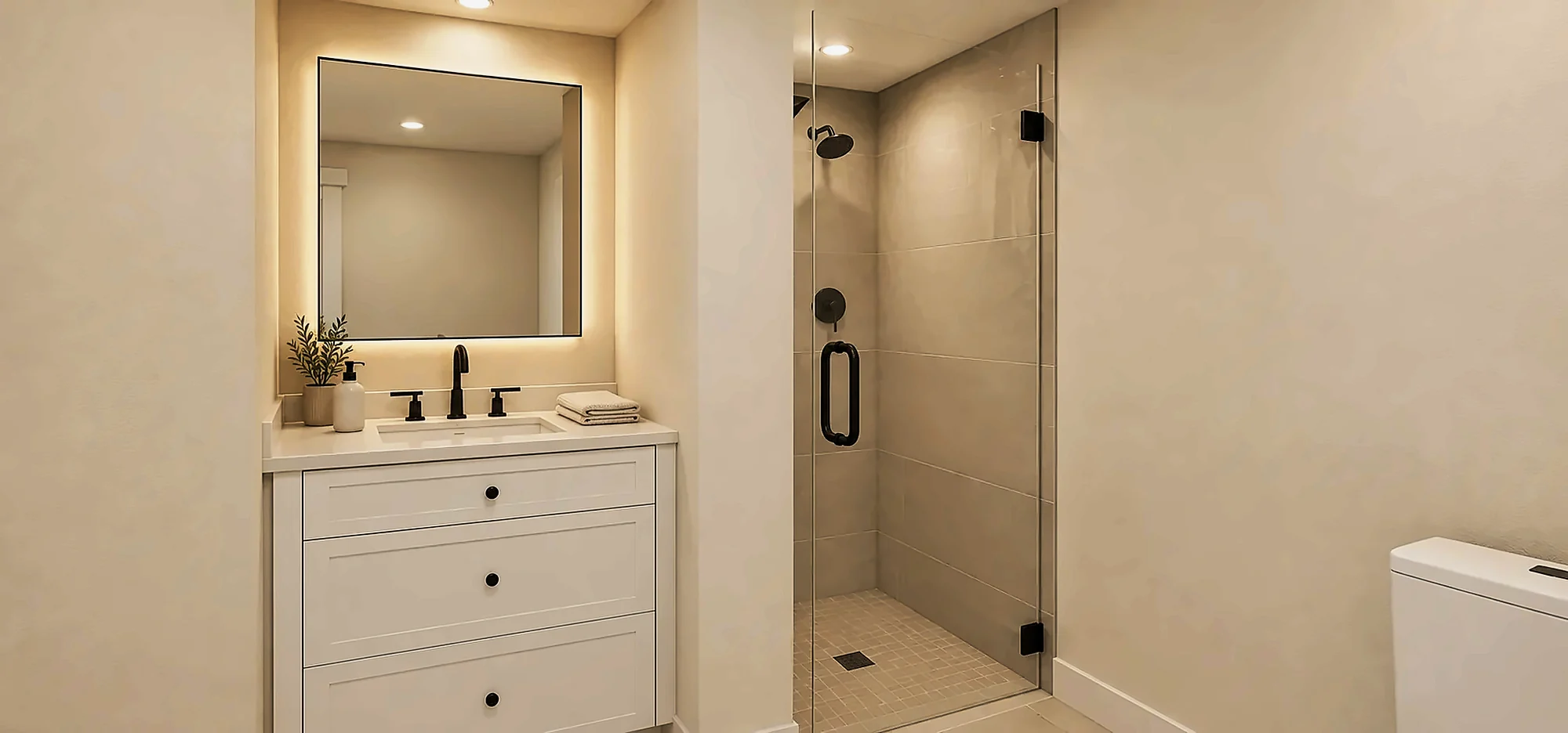 ADU bath with a glass shower