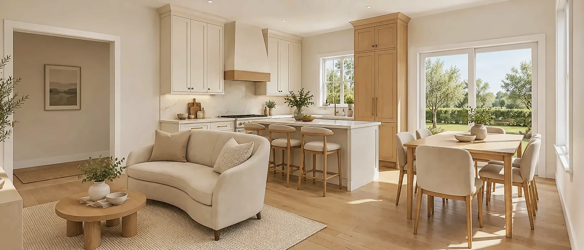 ADU kitchen, dining and living in one bright room