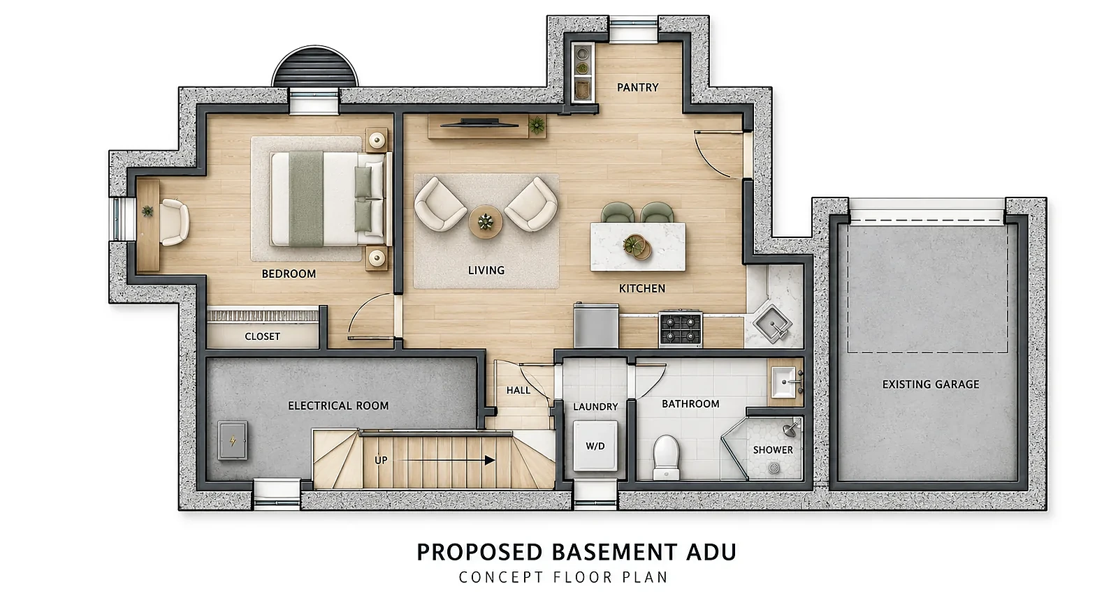 Concept floor plan, basement ADU