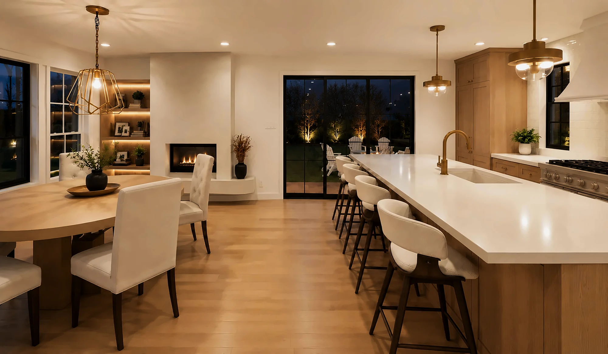 Kitchen and dining room with an oval table and a long stone island