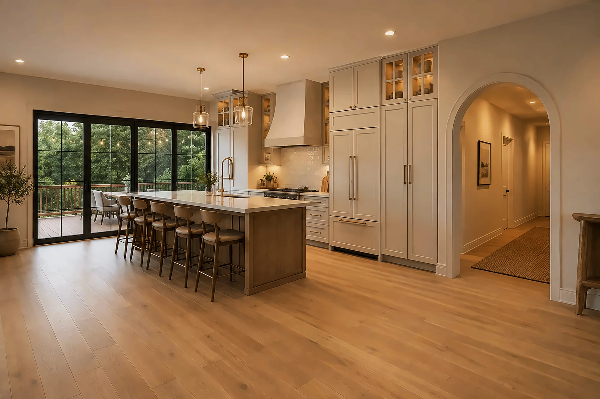 Open kitchen with an oak island, wide-plank floors and an arched hall