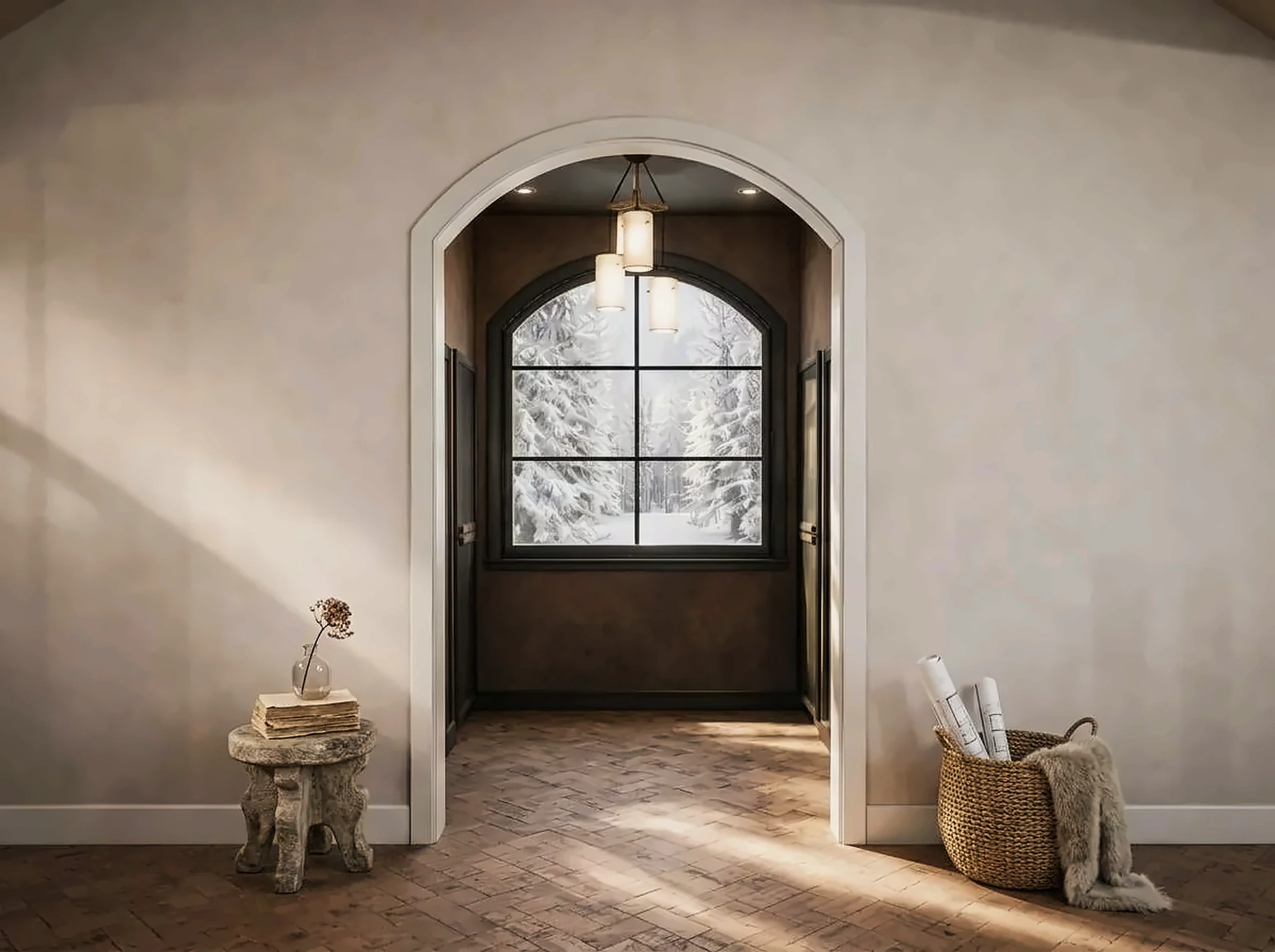 A quiet arched passage with a view of snow-covered trees