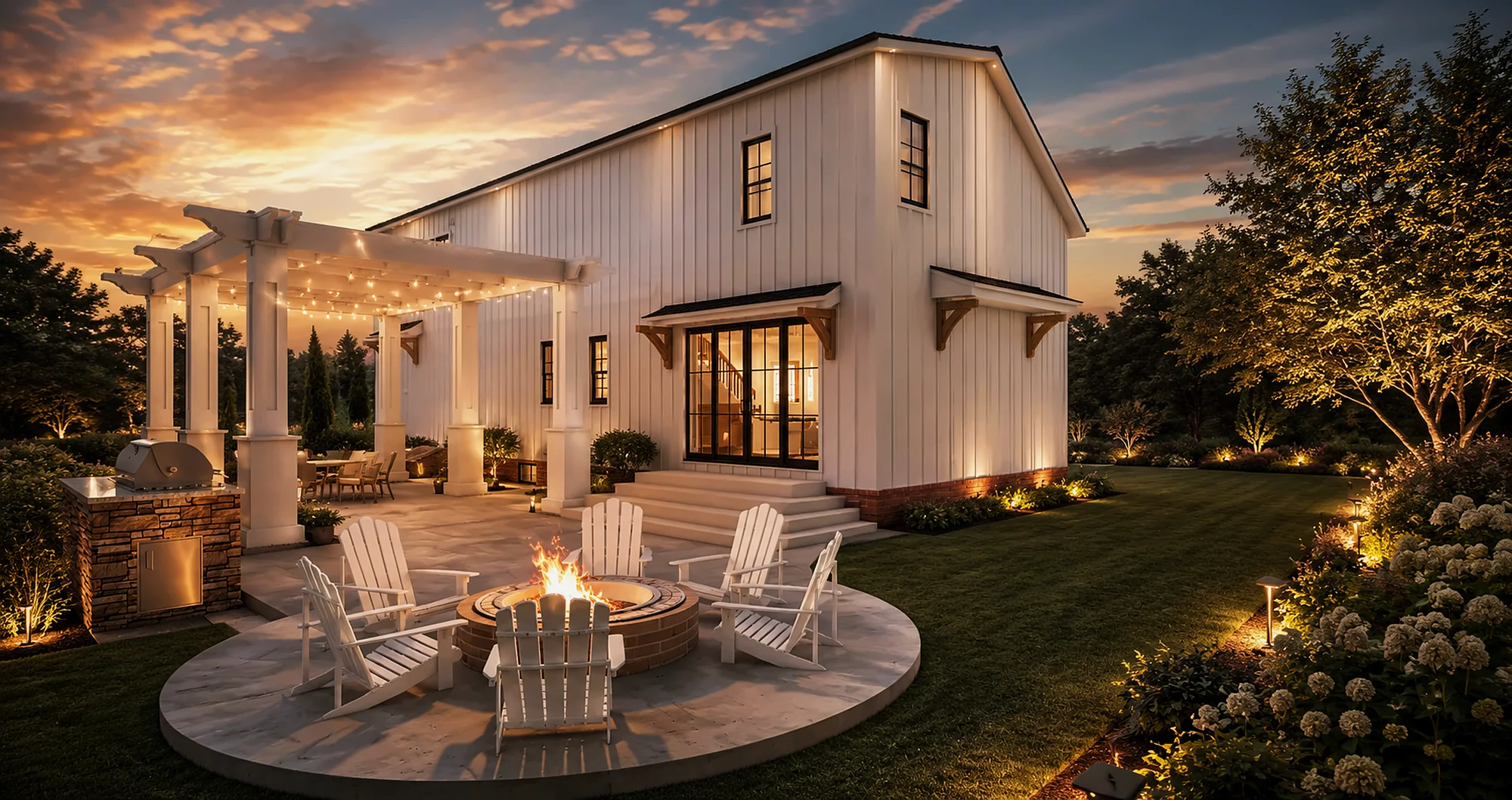 Modern farmhouse with a pergola and fire pit at sunset