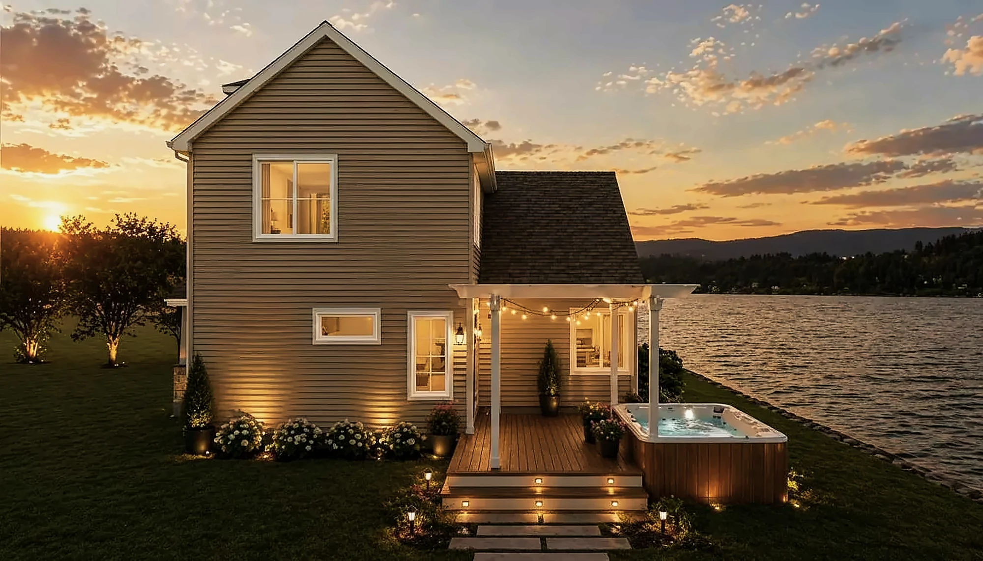 Lakefront residence at sunset
