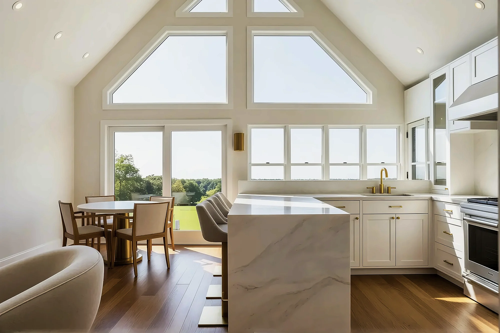 Kitchen with a vaulted ceiling, glass cabinetry and a large island