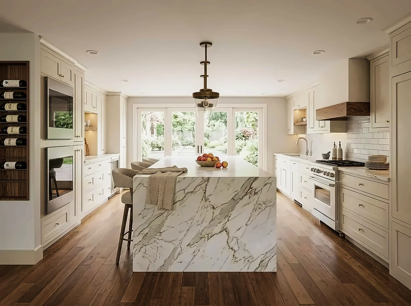 Kitchen with a marble waterfall island