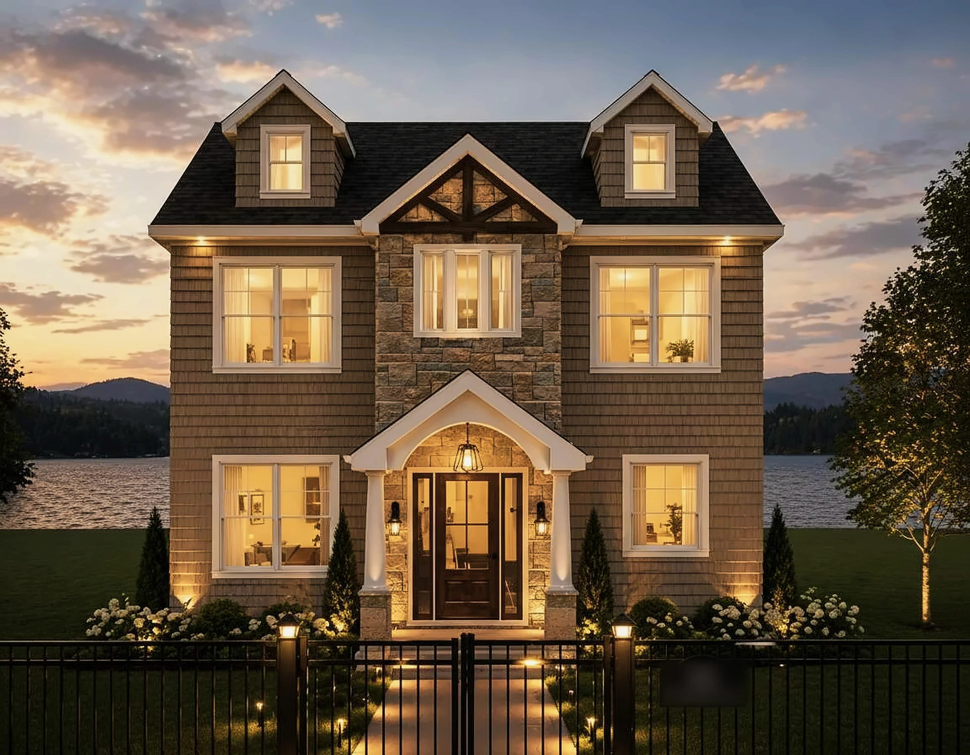 Lakefront residence — front elevation at dusk