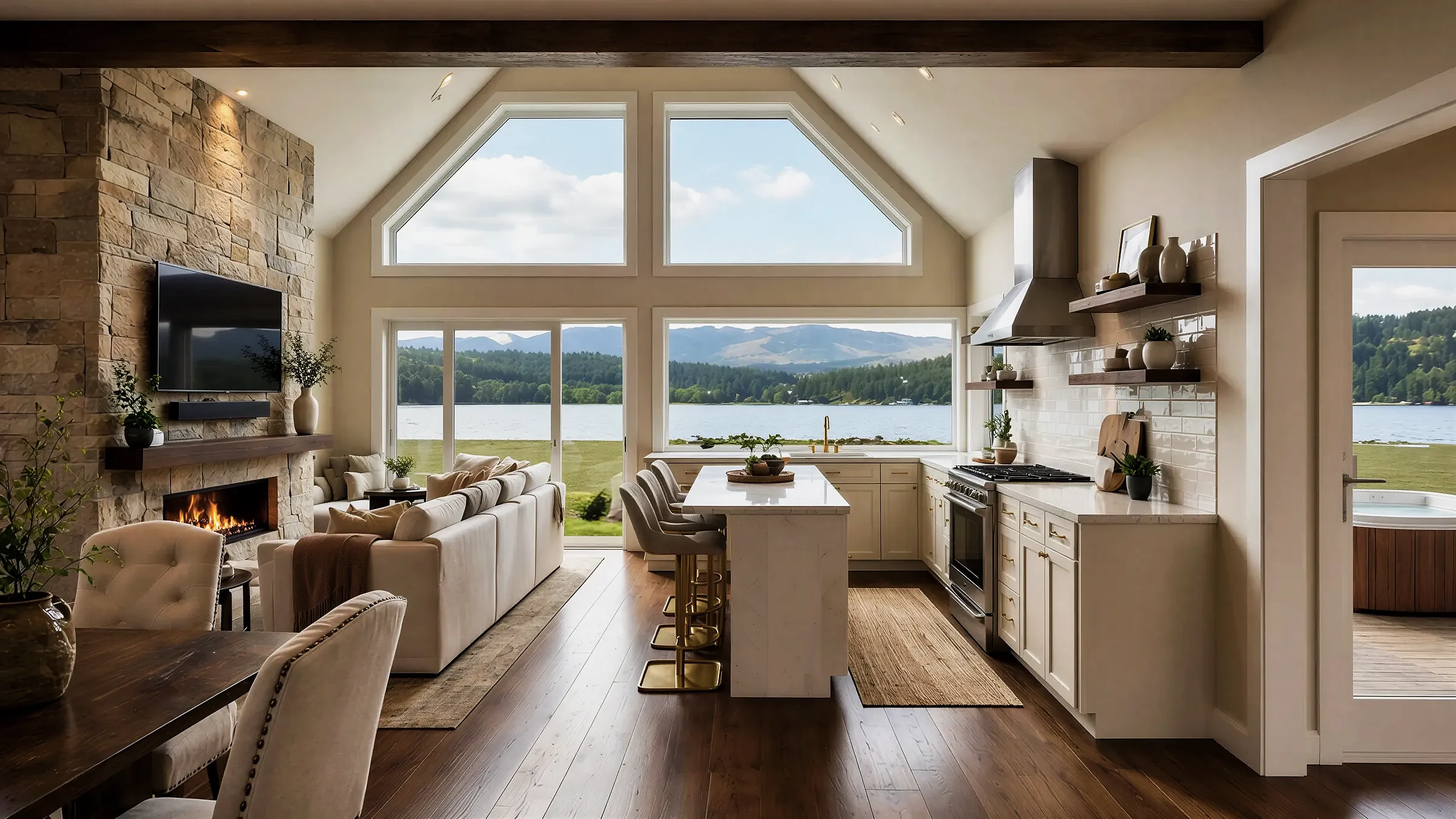 A great room with a wall of glass onto the lake — design rendering