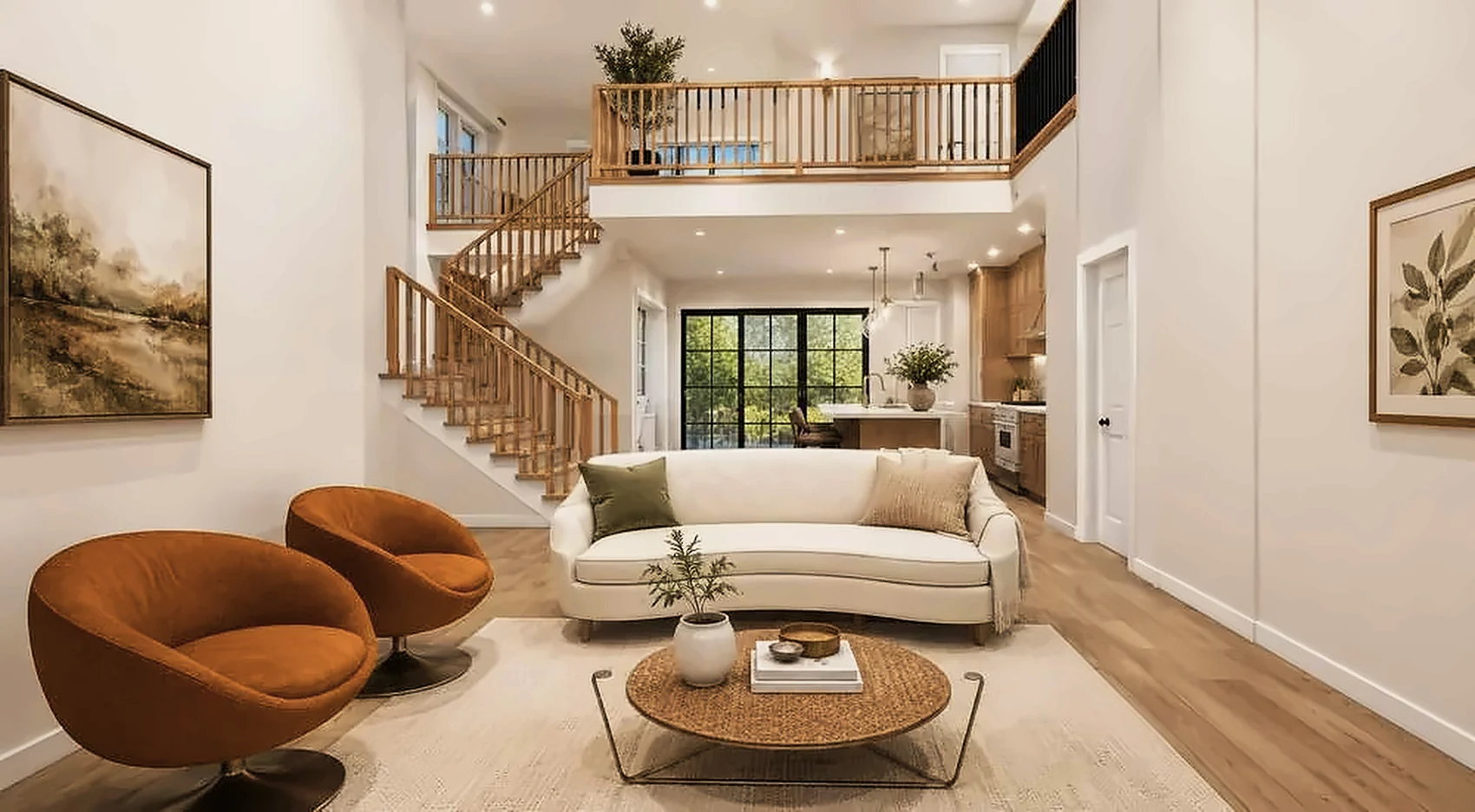 Double-height living room with an open stair