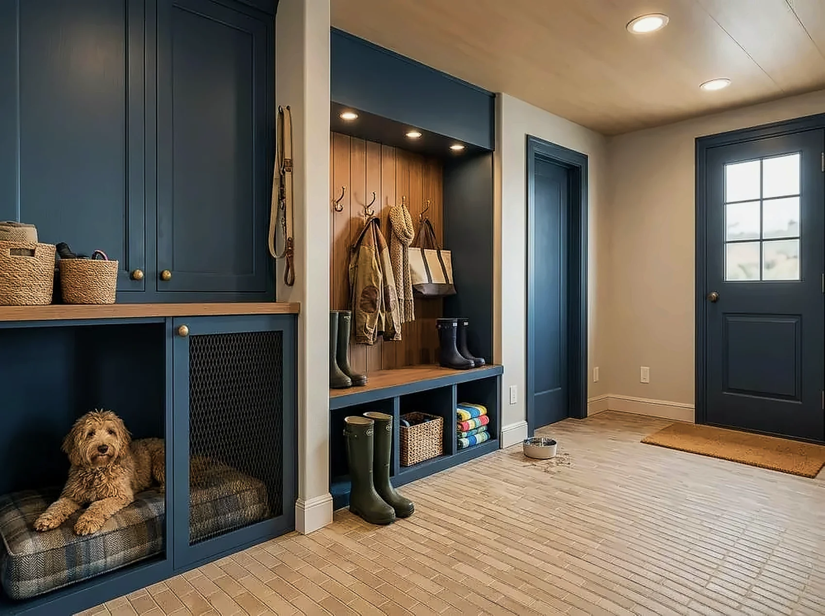 Mudroom with built-in navy cabinetry