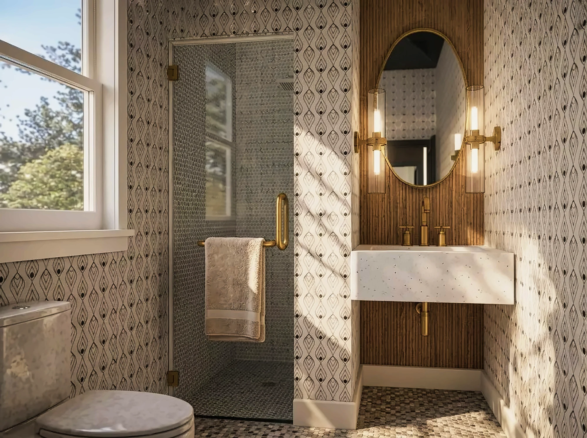 Powder room with patterned tile and brass fixtures